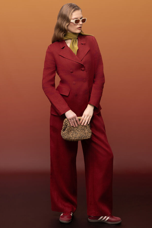 Kruvaze Kesim Keten Uzun Ceket Cherry - 5