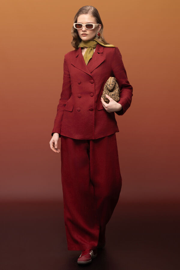 Kruvaze Kesim Keten Uzun Ceket Cherry - 7