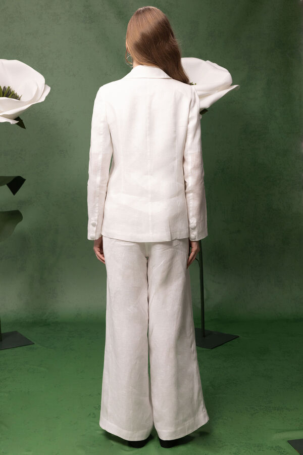 Kruvaze Kesim Keten Uzun Ceket Ekru - 2