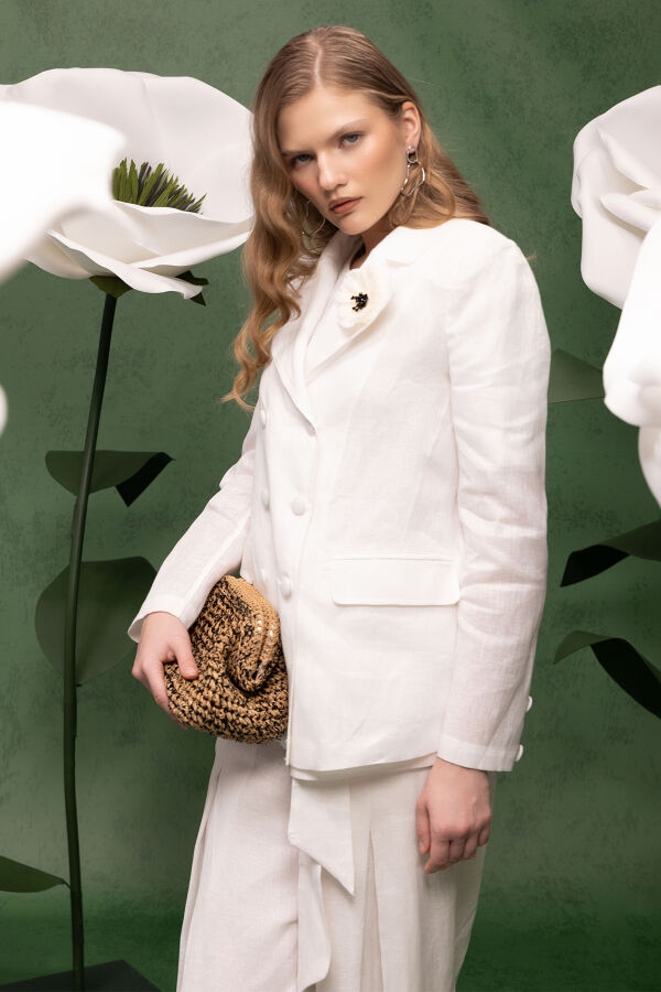 Kruvaze Kesim Keten Uzun Ceket Ekru - 4