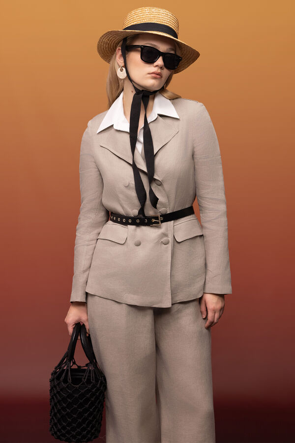 Kruvaze Kesim Keten Uzun Ceket Stone - 1