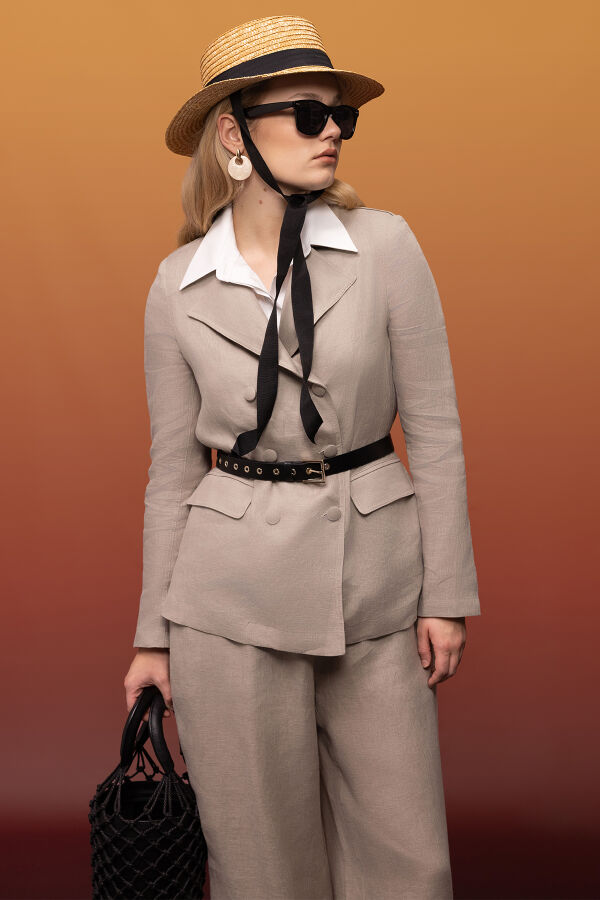 Kruvaze Kesim Keten Uzun Ceket Stone - 2