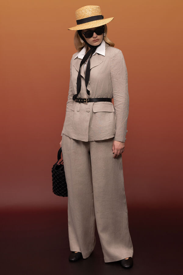 Kruvaze Kesim Keten Uzun Ceket Stone - 3