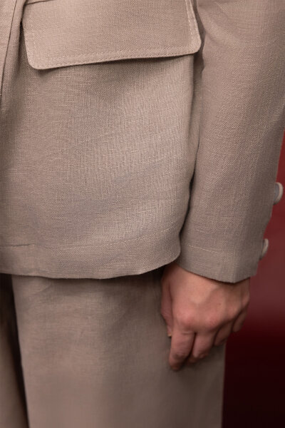 Kruvaze Kesim Keten Uzun Ceket Stone - 4