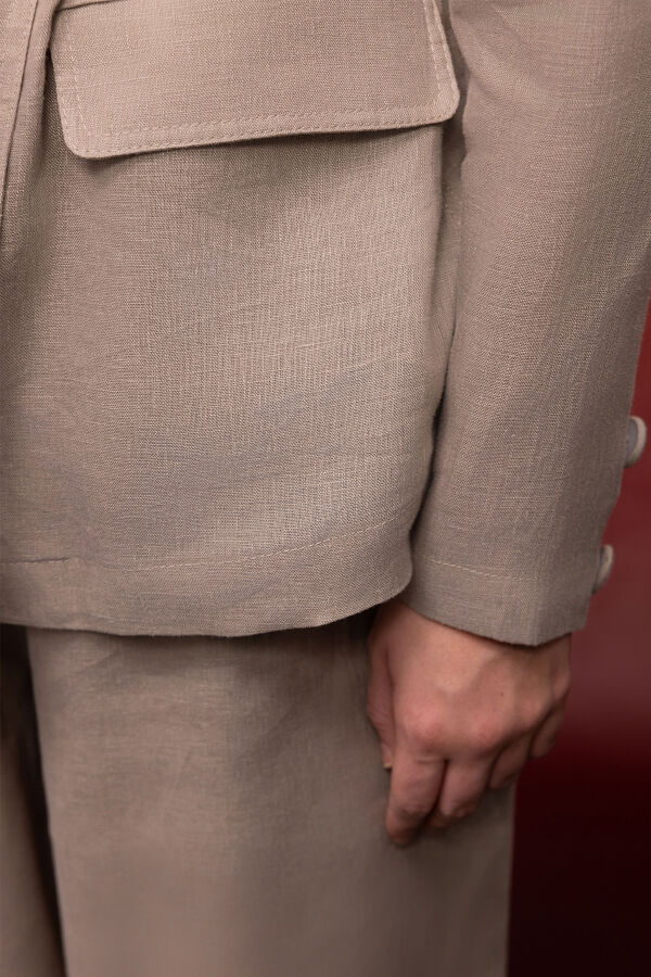 Kruvaze Kesim Keten Uzun Ceket Stone - 4