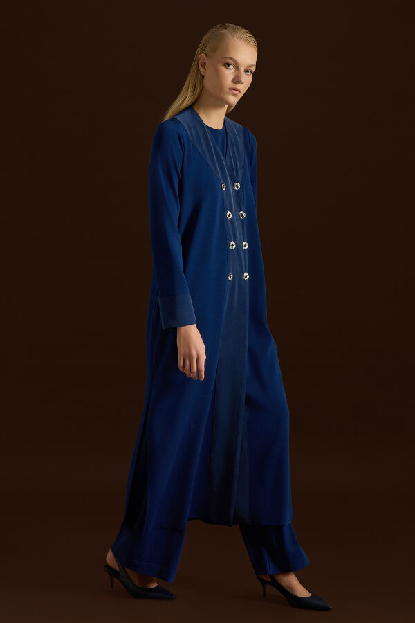 Kruvaze Yaka Cupro Detaylı Triko Hırka Navy - 1