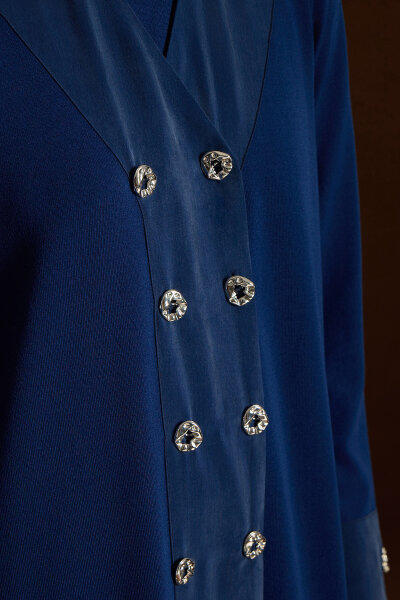 Kruvaze Yaka Cupro Detaylı Triko Hırka Navy - 3