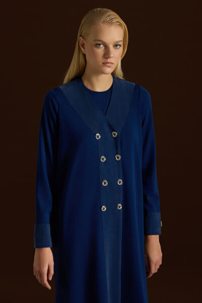 Kruvaze Yaka Cupro Detaylı Triko Hırka Navy - 4