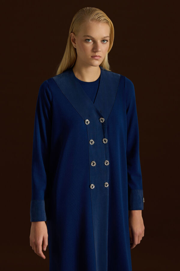 Kruvaze Yaka Cupro Detaylı Triko Hırka Navy - 4