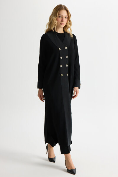 Kruvaze Yaka Cupro Detaylı Triko Hırka Siyah - MISS DALIDA