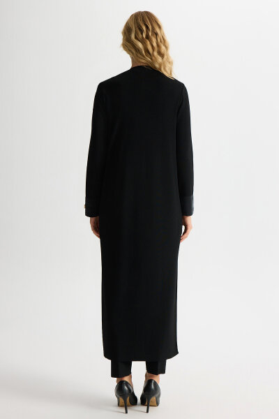 Kruvaze Yaka Cupro Detaylı Triko Hırka Siyah - 4