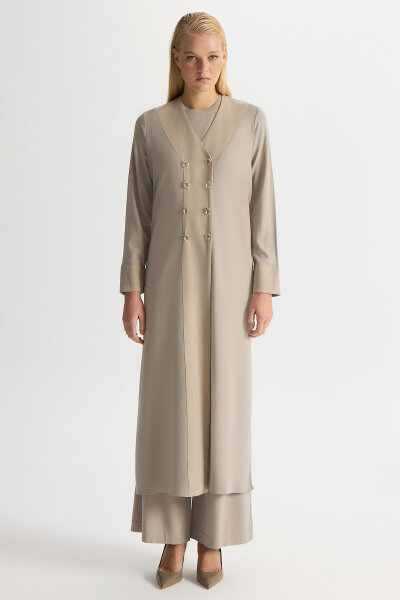 Kruvaze Yaka Cupro Detaylı Triko Hırka Stone - MISS DALIDA