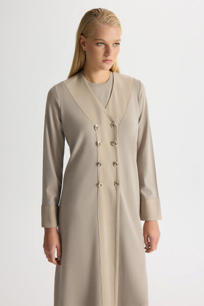 Kruvaze Yaka Cupro Detaylı Triko Hırka Stone - 2