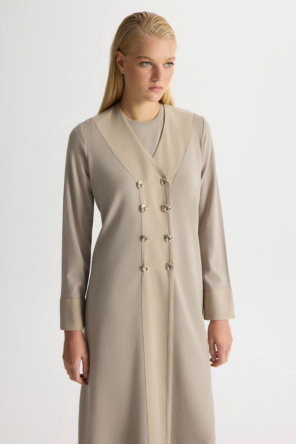 Kruvaze Yaka Cupro Detaylı Triko Hırka Stone - 2