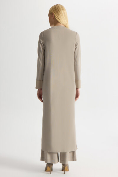 Kruvaze Yaka Cupro Detaylı Triko Hırka Stone - 4