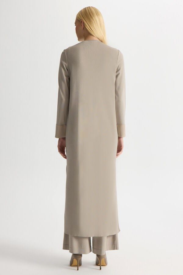 Kruvaze Yaka Cupro Detaylı Triko Hırka Stone - 4