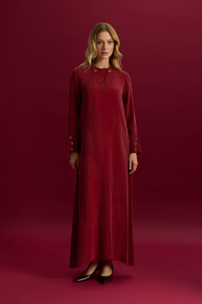 Kuş Gözü Detaylı Cupro Elbise Cherry - MISS DALIDA