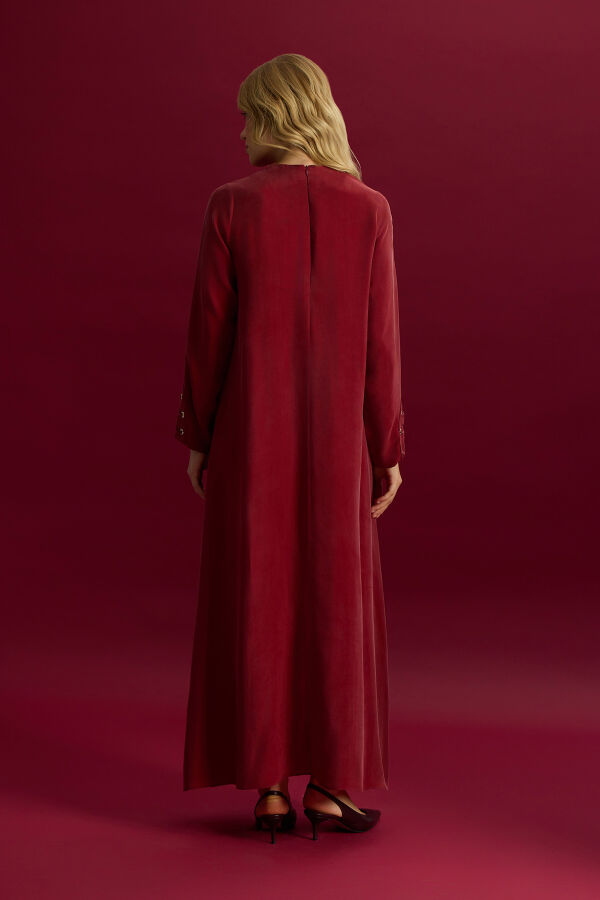 Kuş Gözü Detaylı Cupro Elbise Cherry - 3