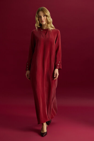 Kuş Gözü Detaylı Cupro Elbise Cherry - MISS DALIDA (1)