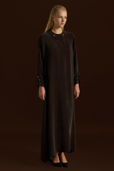 Kuş Gözü Detaylı Cupro Elbise Kahverengi - 2