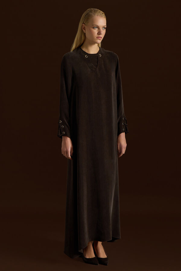 Kuş Gözü Detaylı Cupro Elbise Kahverengi - 2