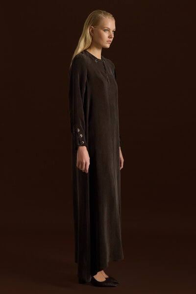 Kuş Gözü Detaylı Cupro Elbise Kahverengi - 3