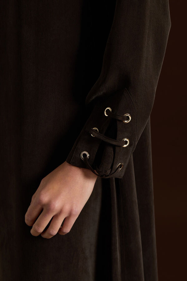 Kuş Gözü Detaylı Cupro Elbise Kahverengi - 4