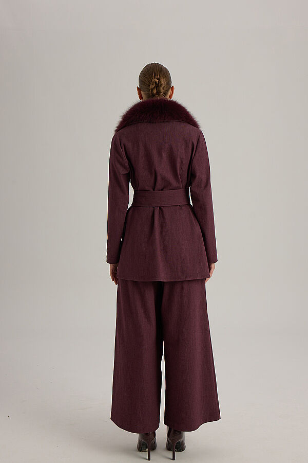 Kuşaklı Kısa Denim Ceket Bordo - 6
