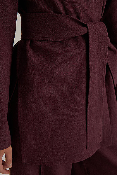 Kuşaklı Kısa Denim Ceket Bordo - 5