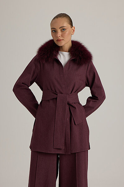 Kuşaklı Kısa Denim Ceket Bordo - 3