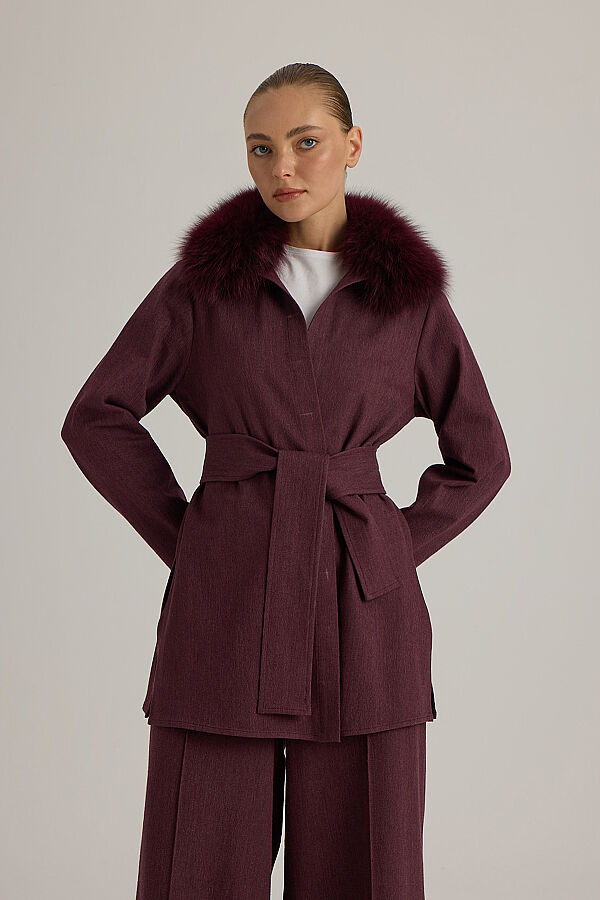 Kuşaklı Kısa Denim Ceket Bordo - 3