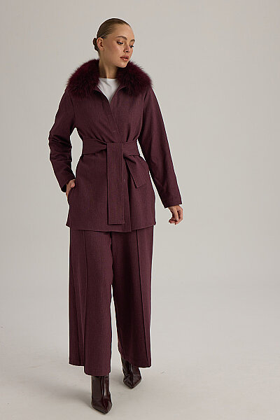 Kuşaklı Kısa Denim Ceket Bordo - 2