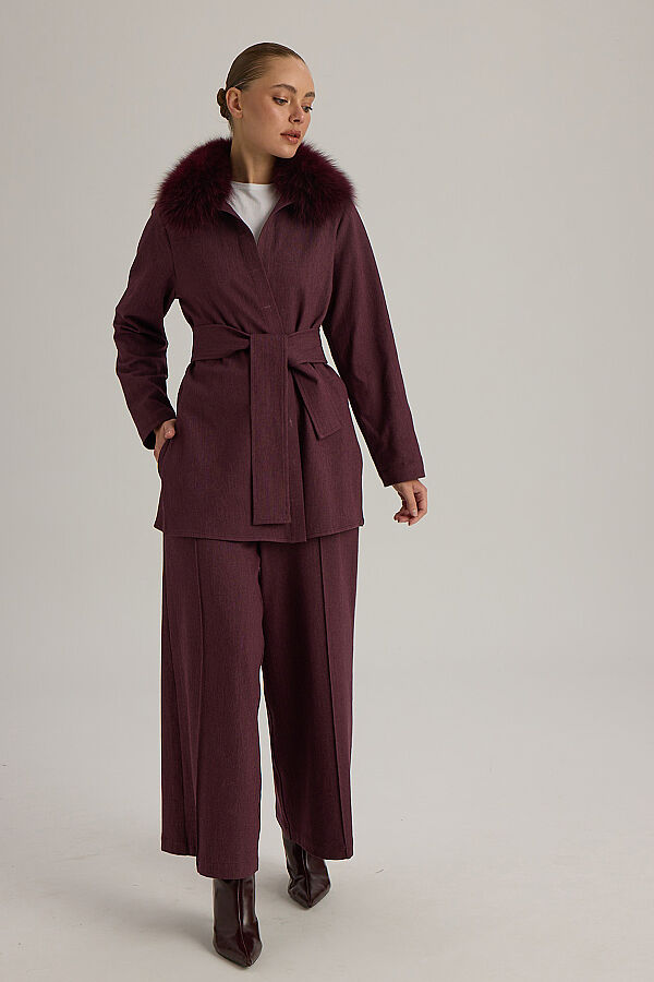 Kuşaklı Kısa Denim Ceket Bordo - 2