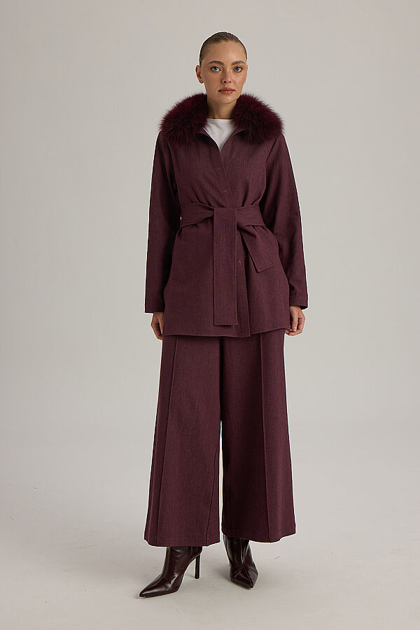 Kuşaklı Kısa Denim Ceket Bordo - 1