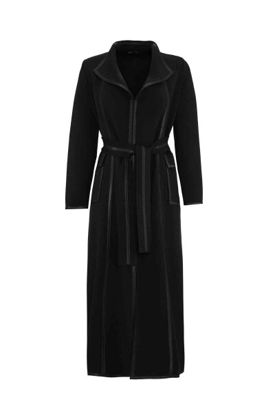 Leather Stripe Detailed Knitted Black Cardigan 