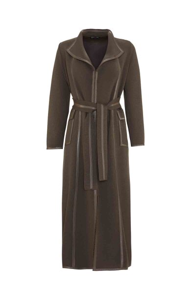 Leather Stripe Detailed Knitted Brown Cardigan - 1