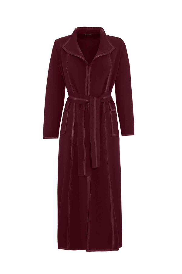 Leather Stripe Detailed Knitted Burgundy Cardigan - 1