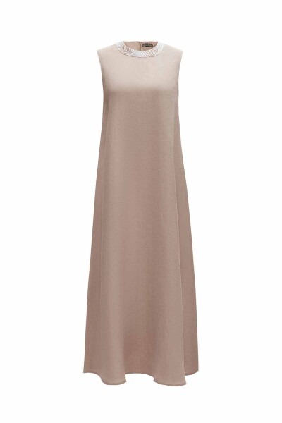 Linen Dress with Knitwear Detail on Collar - 1