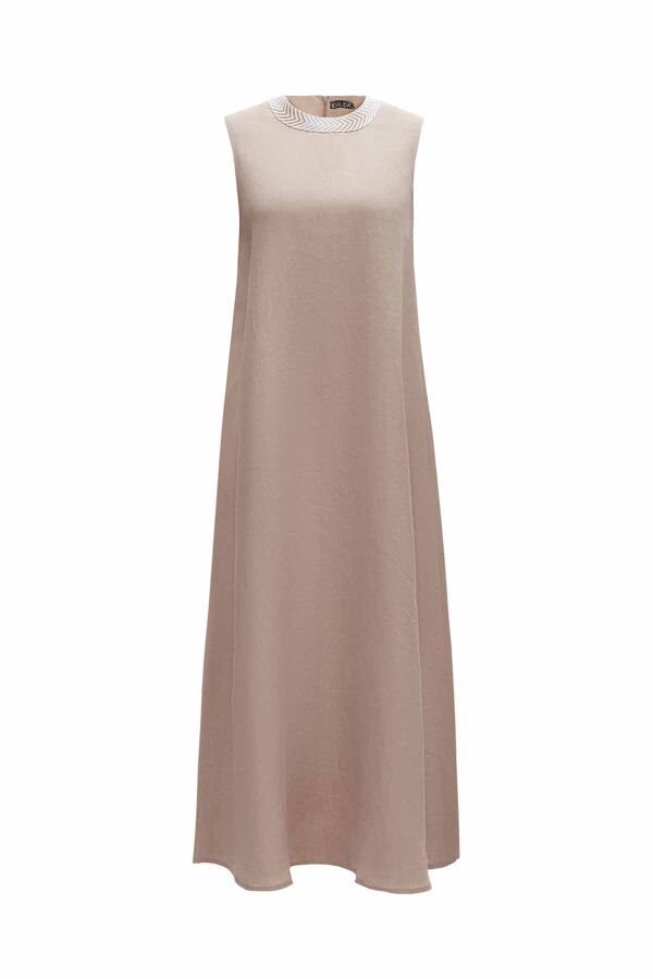 Linen Dress with Knitwear Detail on Collar - 1