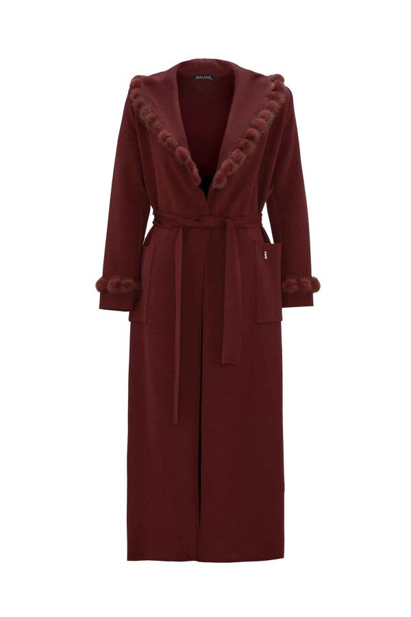 Long Cardigan with Pom-Pom Fur Detail Burgundy - 1