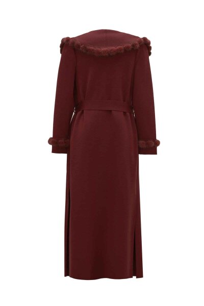 Long Cardigan with Pom-Pom Fur Detail Burgundy - 2