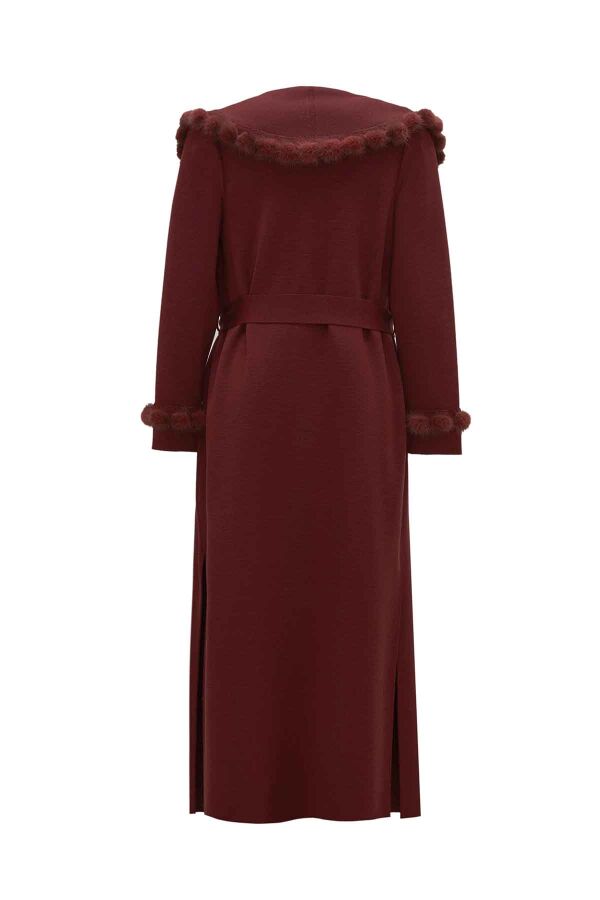 Long Cardigan with Pom-Pom Fur Detail Burgundy - 2