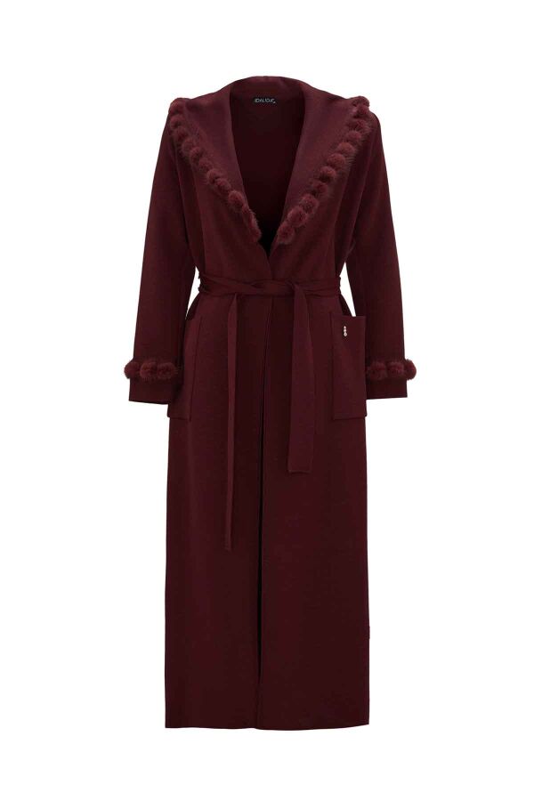 Long Cardigan with Pom-Pom Fur Detail Dark Burgundy - 1