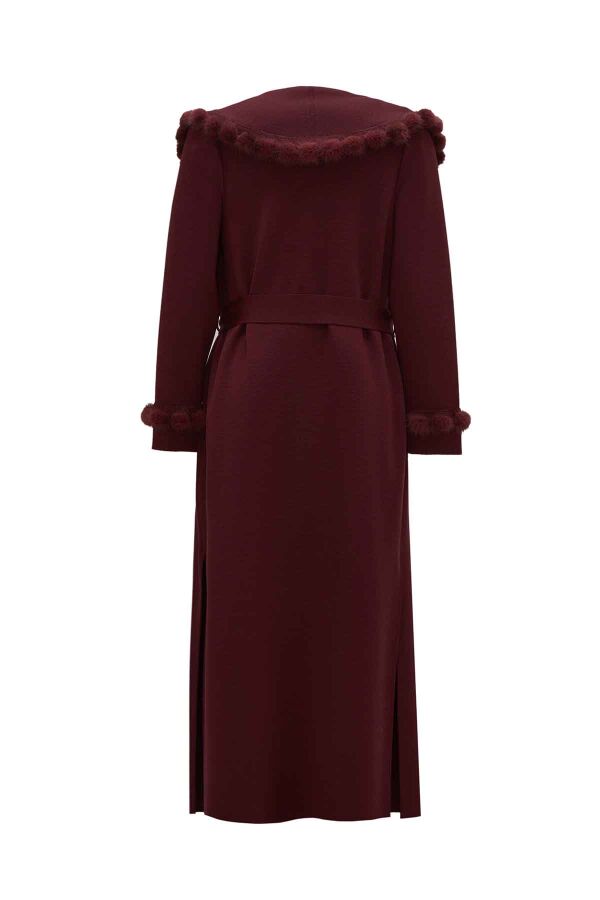 Long Cardigan with Pom-Pom Fur Detail Dark Burgundy - 2