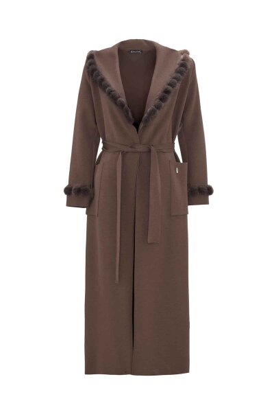 Long Cardigan with Pom-Pom Fur Detail Mink 