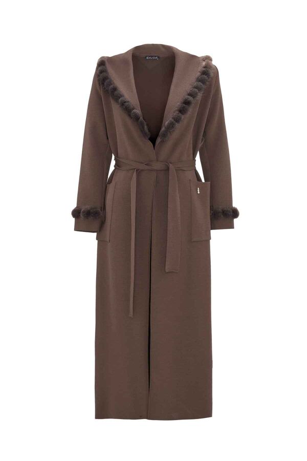 Long Cardigan with Pompom Fur Detail - 1