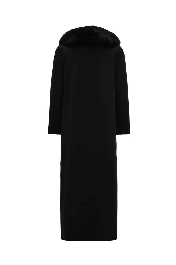 Long Double-Breasted Knit Coat with Fur Collar Black - 4