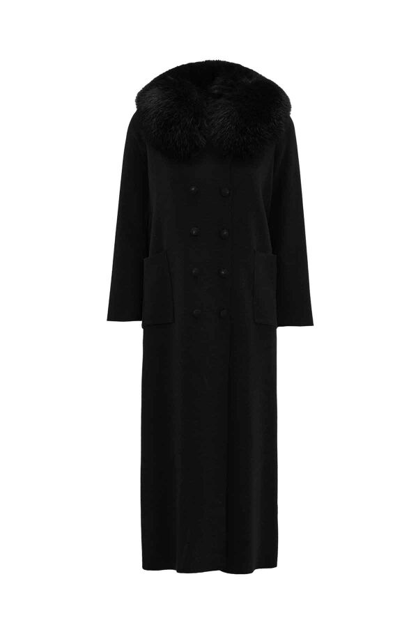 Long Double-Breasted Knit Coat with Fur Collar Black - 3