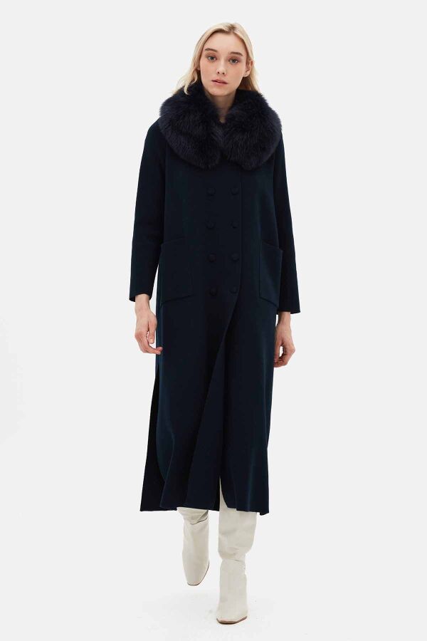 Long Double-Breasted Knit Coat with Fur Collar Black - 1