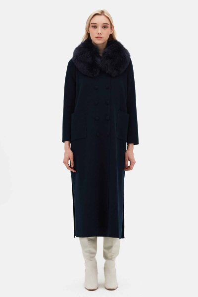 Long Double-Breasted Knit Coat with Fur Collar Black - 5